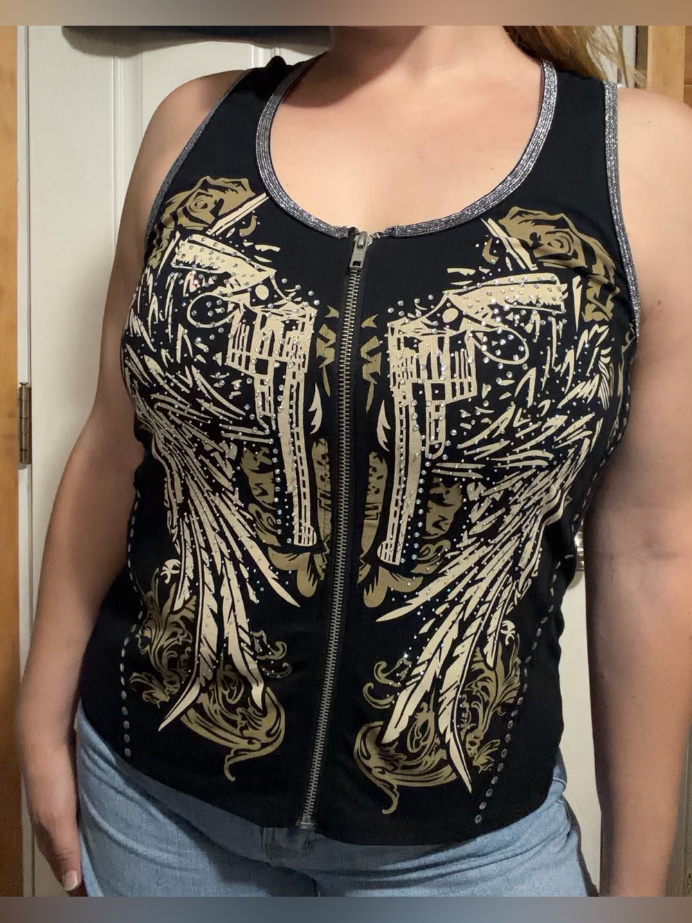 Vance Biker Wear Full Zippered Front Gold Studded Wing Design Tank